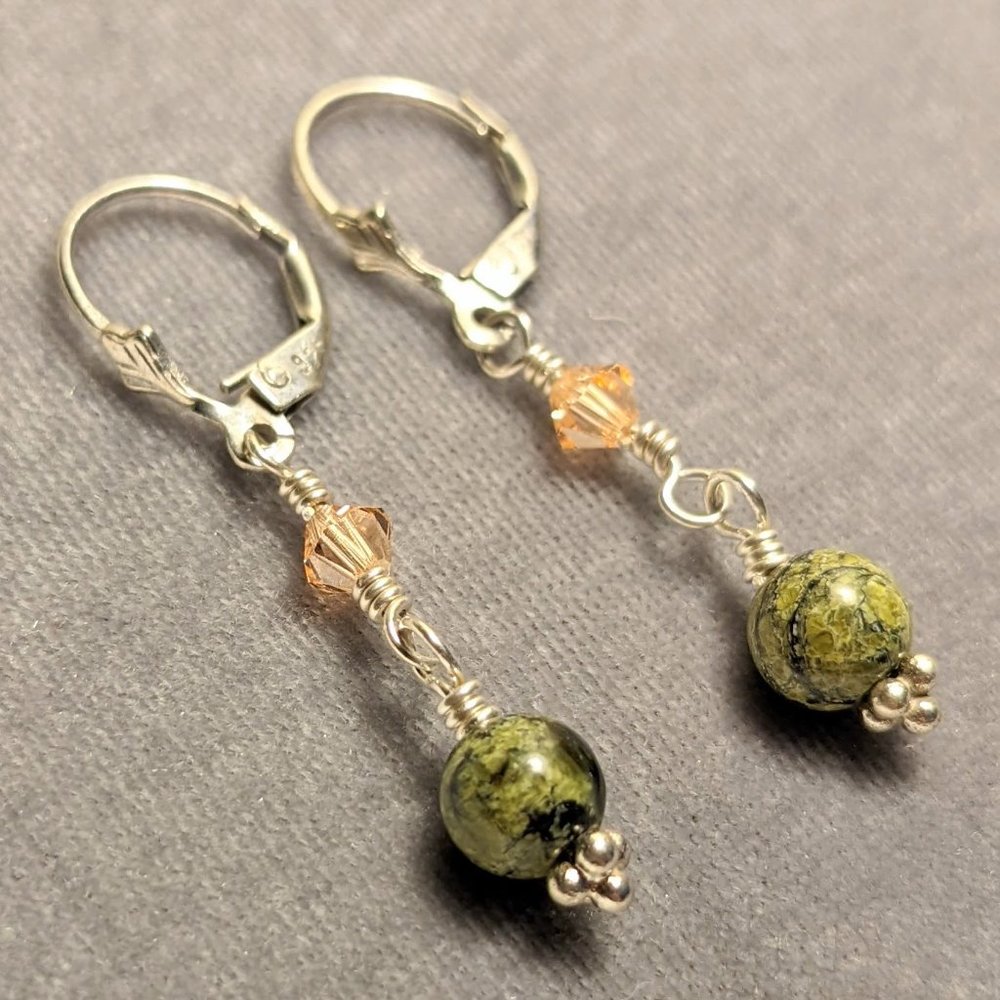 Sterling Silver Drop Earrings w/ Peach Swarovski Crystals & Petrified Wood Beads
